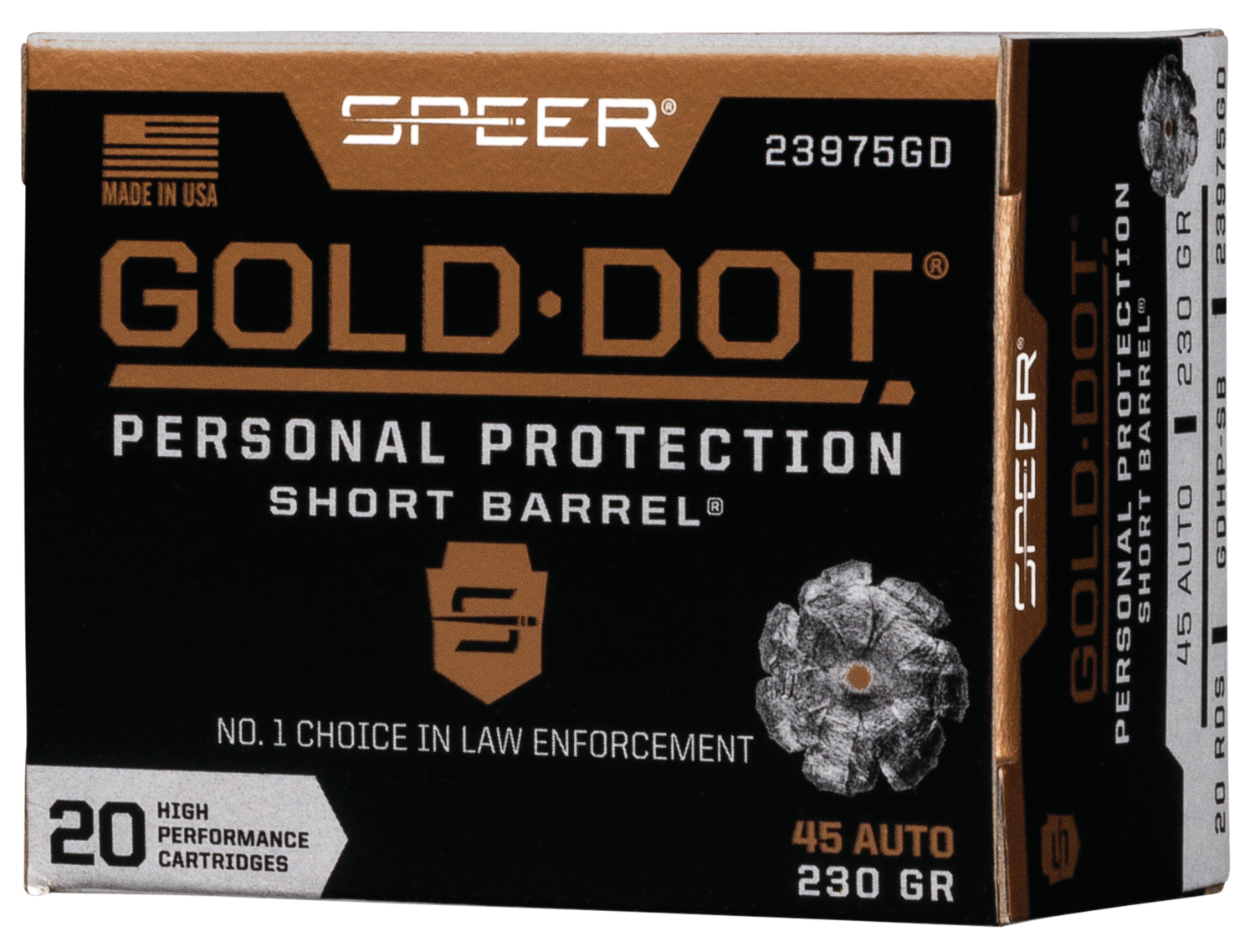 Speer Gold Dot Short Barrel Personal Protection Handgun Ammunition 23975GD, 45 ACP, Gold Dot HP, 230 GR, 820 fps, 20 Rd/bx
