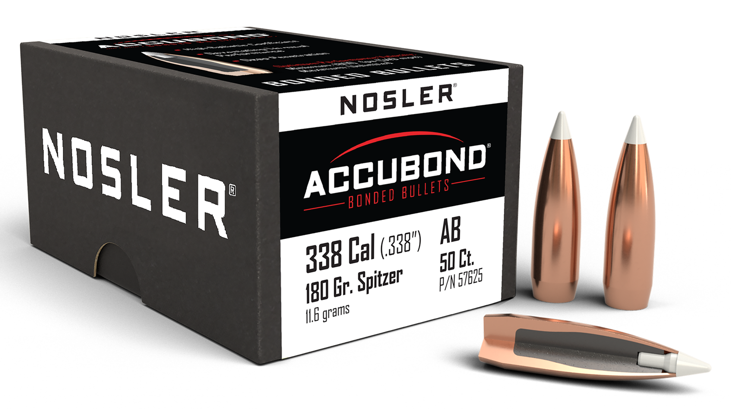Nosler AccuBond 338 Caliber 180 Grain Spitzer 50/Box (57625), Not Loaded
