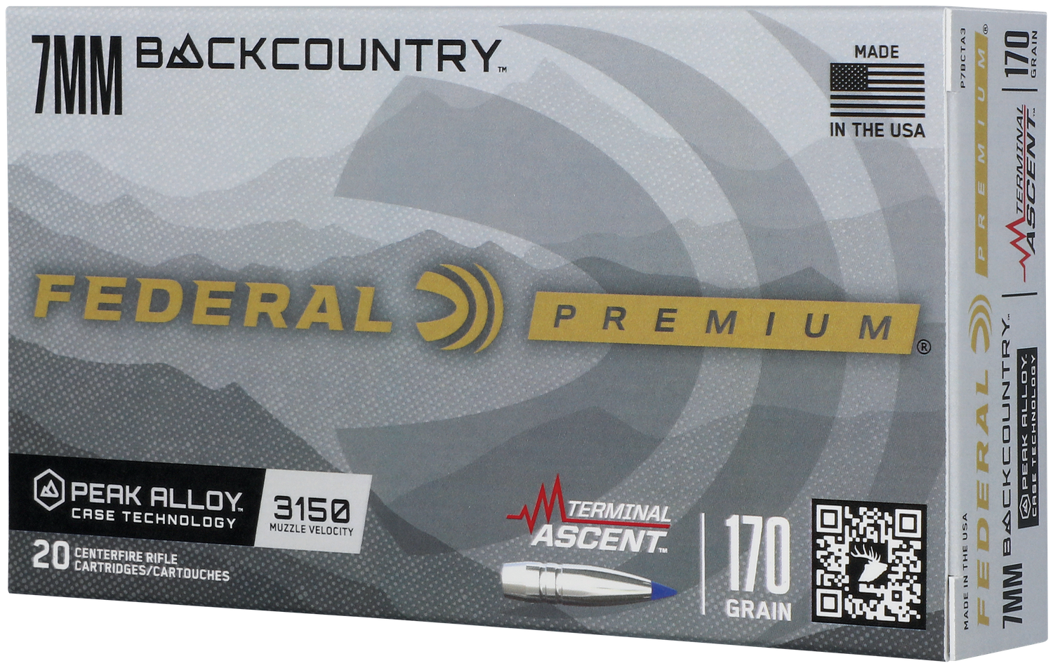 Federal Premium Terminal Ascent Rifle Ammunition P7BCTA32, 7mm BackCountry, Terminal Ascent, 170 gr, 3150 fps, 20 Rd/Bx