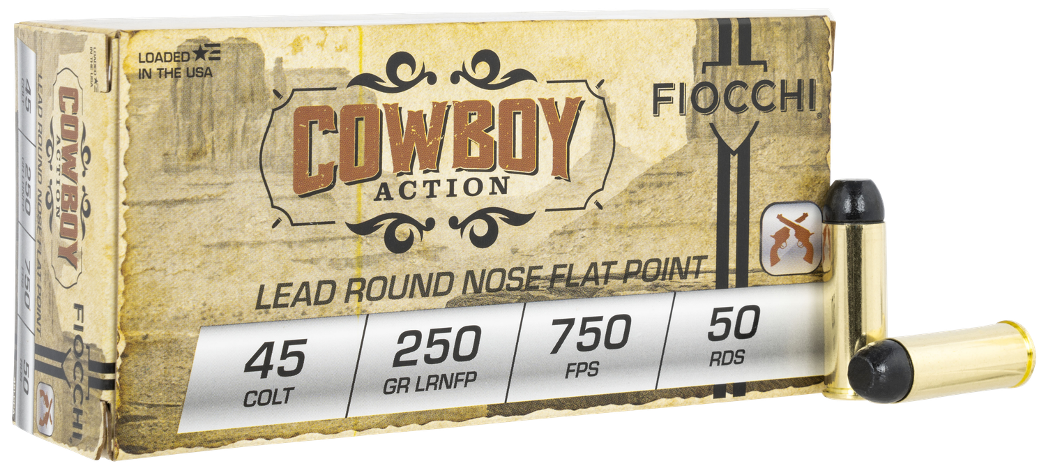 Fiocchi Cowboy Action Handgun Ammunition 45LCCA, 45 Colt, Lead Round Nose Flat Point, 250 GR, 50 Rd/bx