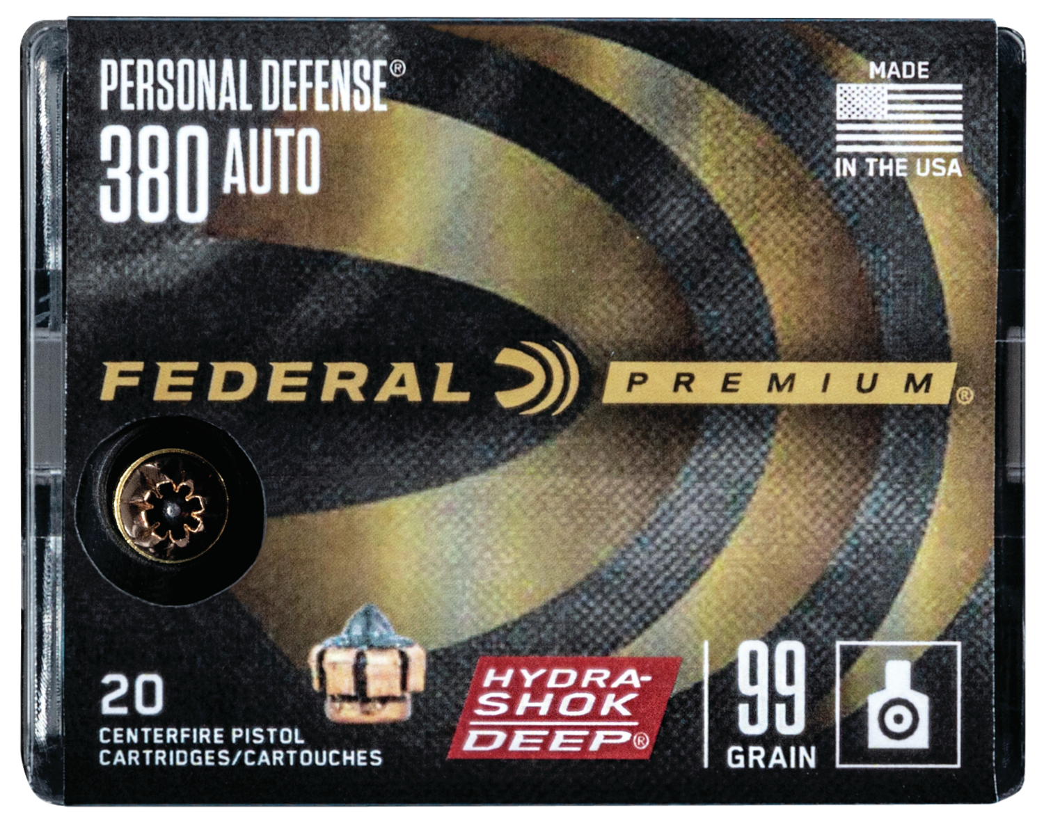 Federal Premium Personal Defense Pistol Ammunition P380HSD1, 380 ACP, Jacketed Hollow Point, 99 GR, 1000 fps, 20 Rd/bx