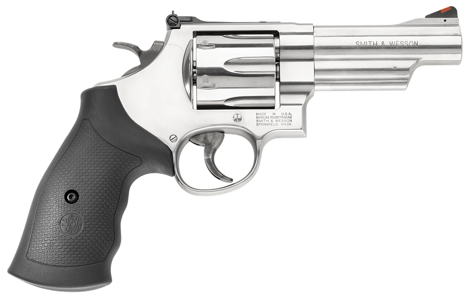 Smith & Wesson 629 Revolver 163603, 44 Remington Mag, 4", Rubber Grip, Satin Stainless Finish, 6 Rd, Red Ramp, White Outline Sights