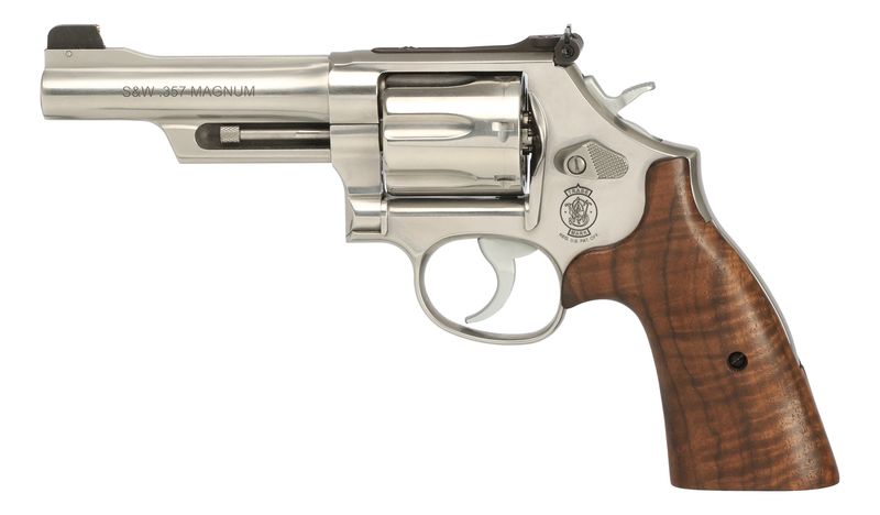Smith & Wesson 686 Plus Mountain Gun Revolver 14040, 357 Mag, 4", Bear Hug Wood Grips, Brushed Stainless Finish, Gold Bead Front Sight, 7 Rd