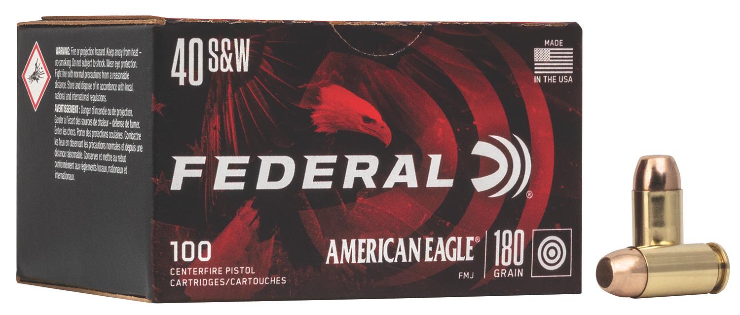 Federal American Eagle Pistol Ammunition AE40R100, 40 S&W, Full Metal Jacket (FMJ), 180 GR, 1000 fps, 100 Rd/bx