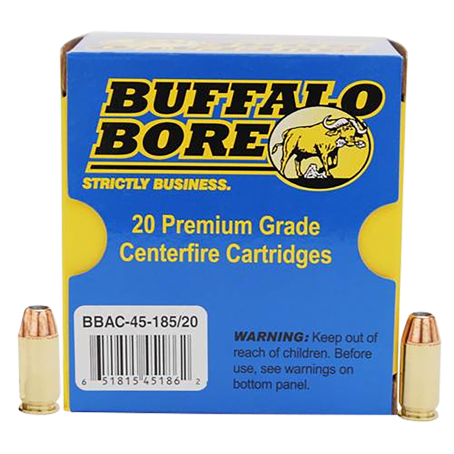 Buffalo Bore Handgun Ammunition 45-185/20, 45 ACP +P, Jacketed Hollow Point (JHP), 185 GR, 1150 fps, 20 Rd/Bx