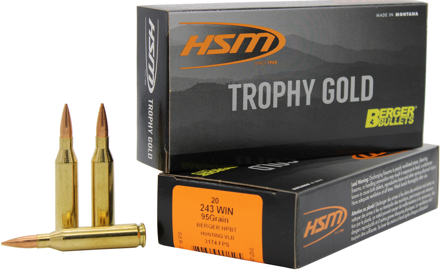 HSM Trophy Gold Rifle Ammunition 24395VLD, 243 Winchester, Berger Hunting VLD, 95 GR, 3174 fps, 20 Rd/bx