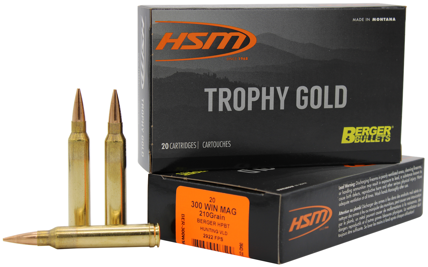 HSM Trophy Gold Rifle Ammunition 300WM210VLD, 300 Winchester Magnum, VLD, 210 GR, 20 Rd/bx