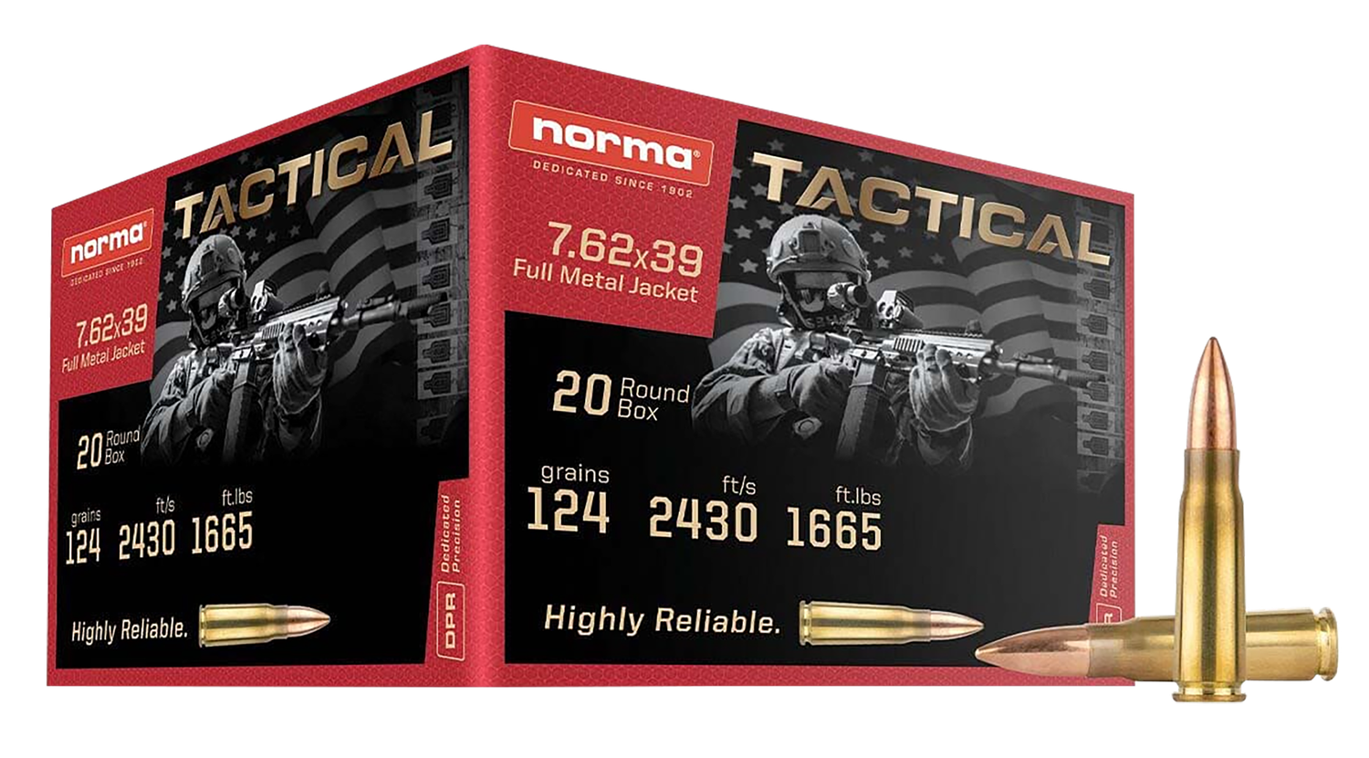 Norma Tactical Rifle Ammunition 295540020, 7.62x39mm, Full Metal Jacket, 124 Gr, 2430 FPS, 20 Rd/bx