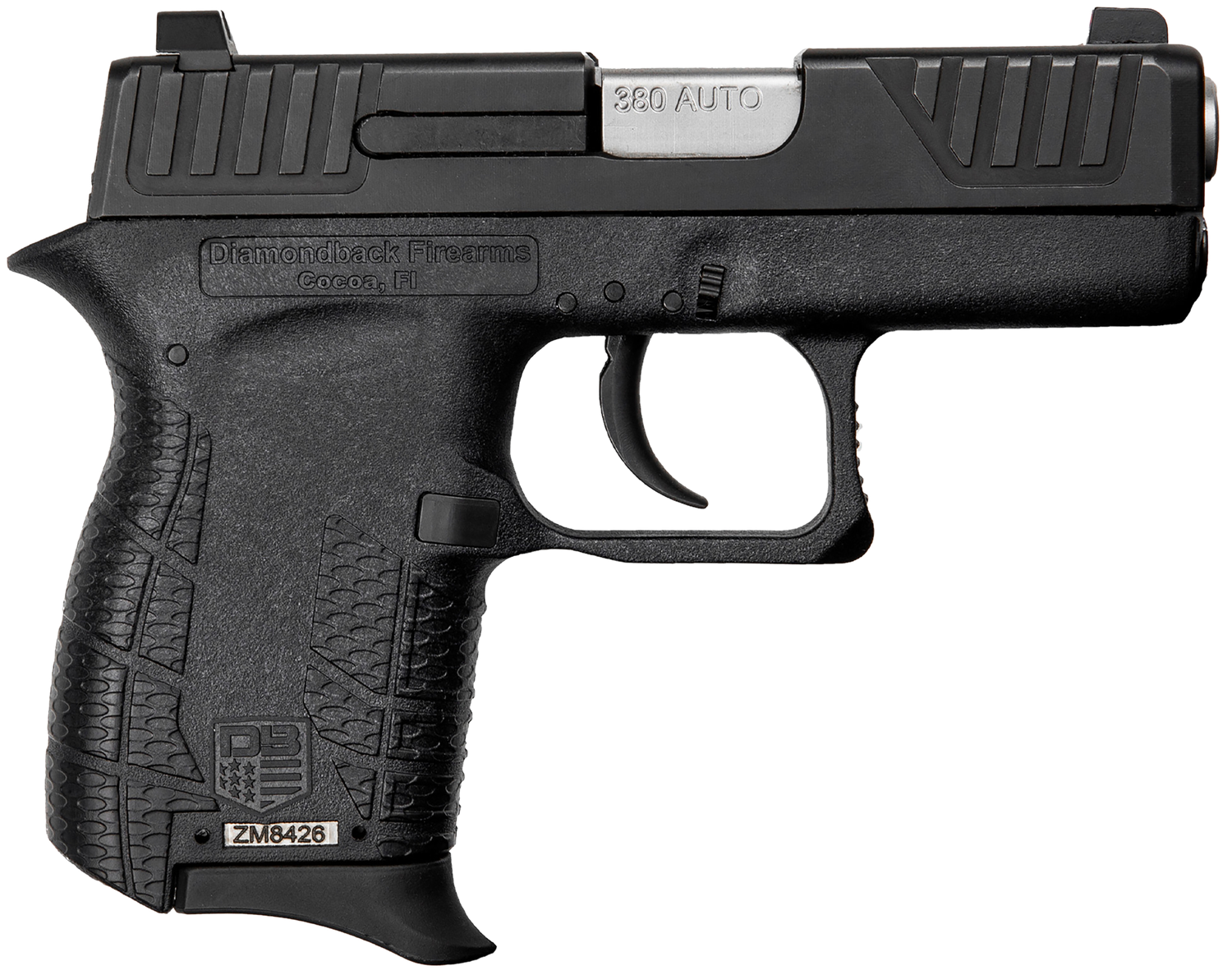 Diamondback DB380 Gen4 Pistol DB0100E002, 380 ACP, 2.80in, Black Polymer Frame w/Beavertail & Grips, Black Finish, 6 Rds