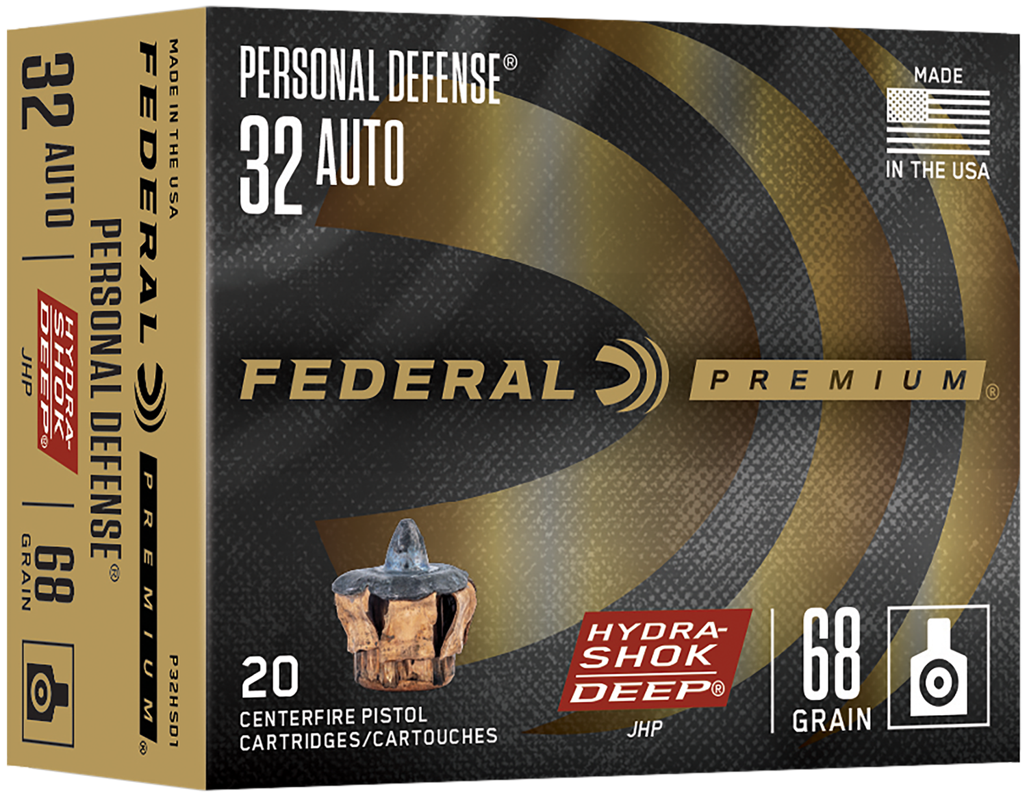 Federal Hydra-Shok Deep Personal Defense P32HSD1, 32 ACP, Jacketed Hollow Point (JHP), 68 GR, 1000 fps, 20 Rd/bx