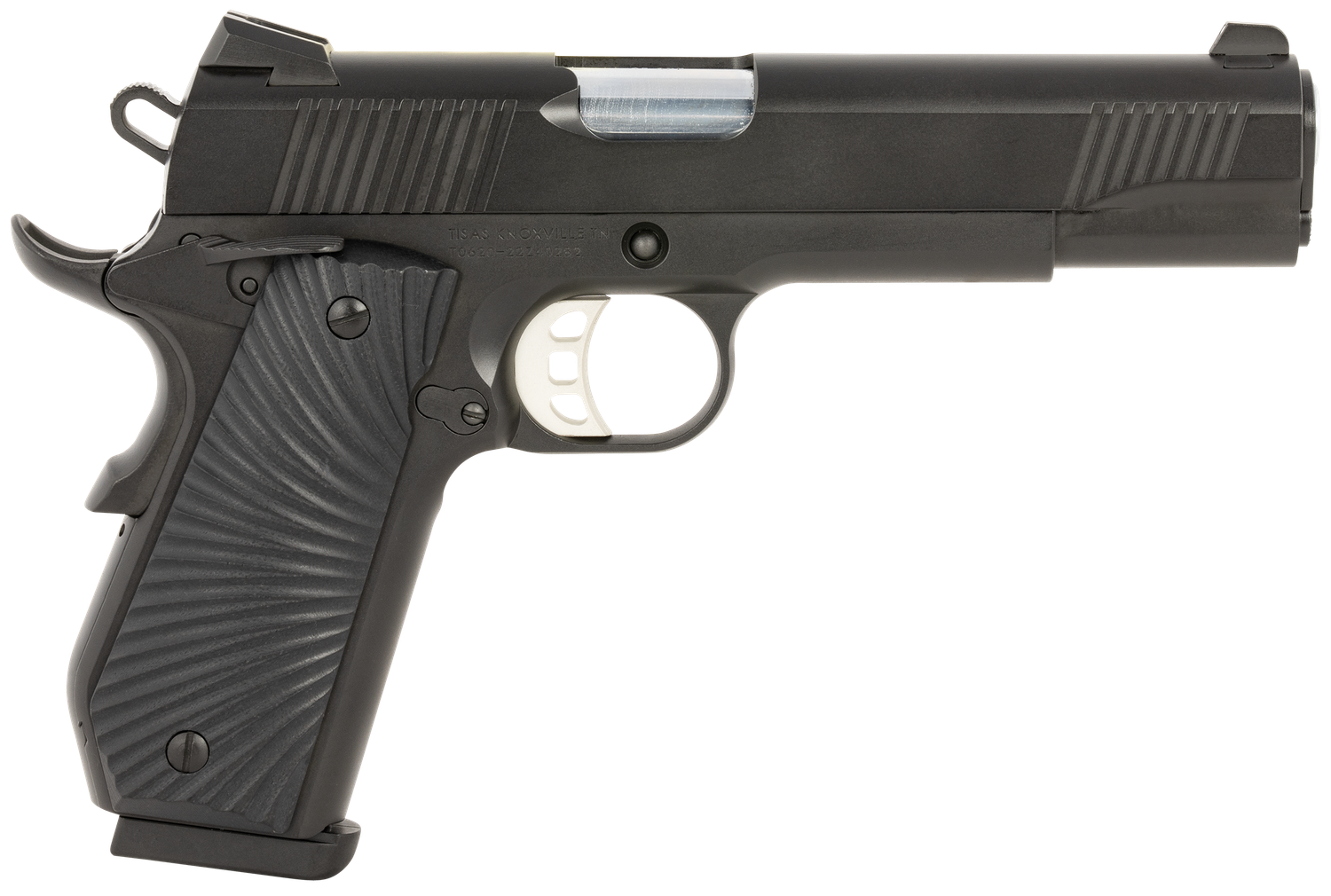 Tisas 1911 Duty Stingray Pistol 10100502, 45 ACP, 5in, Black Cerakote Steel Frame w/Beavertail Black Sunburst G10 Grips, Black Cerakote Finish, 8 Rds