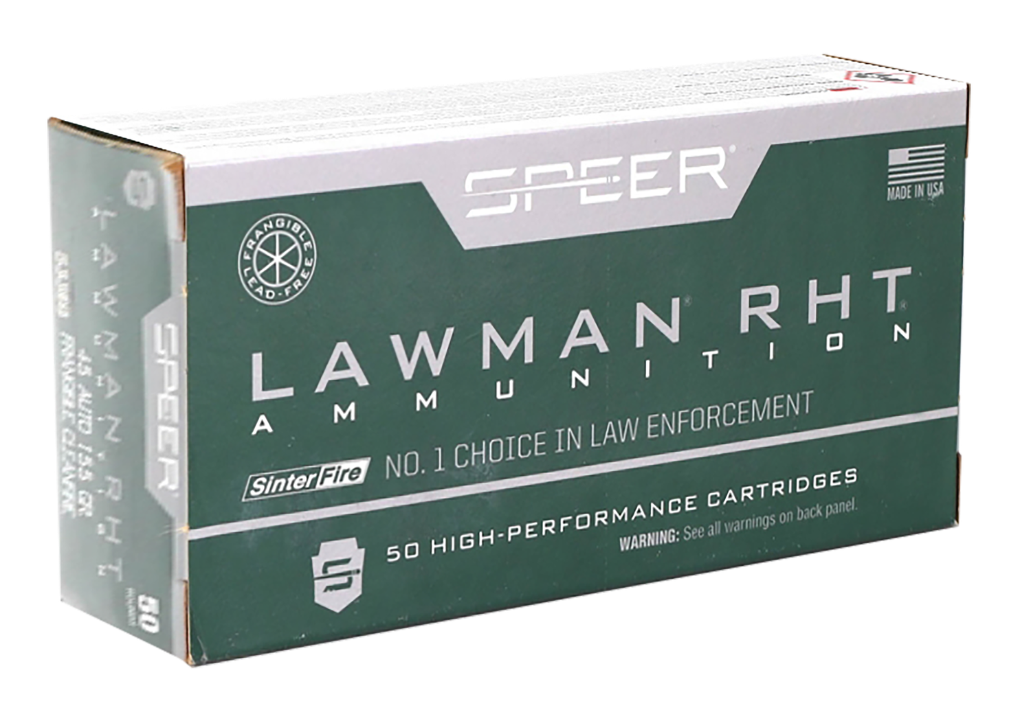 Speer Lawman RHT Handgun Ammunition 53395, 45 ACP, Frangible, 155 GR, 50 Rd/Bx