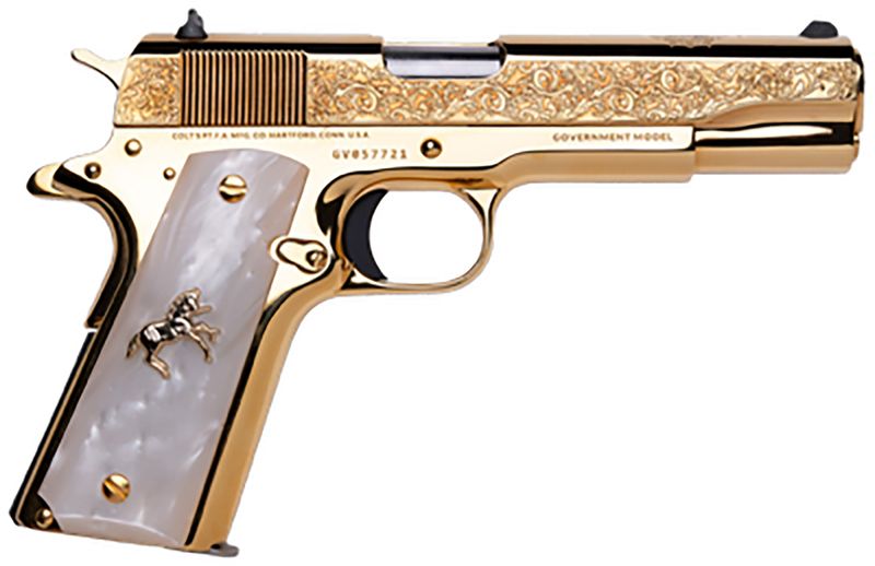 Custom & Collectible Colt 1911 El Ranchero Pistol CNCELRANCH, 38 Super, 5in, Mother of Pearl Grips, 24K Gold Plated Finish, 7 Rds