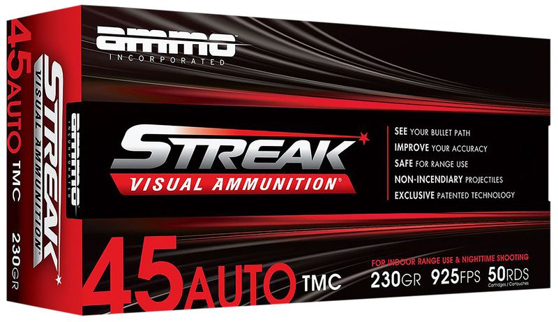 Ammo Inc Streak Visual (RED) Self Defense Pistol Ammunition 45230TMCSTRKRED50, 45 ACP, Total Metal Case, 230  GR, 925  fps, 50 Rd/bx