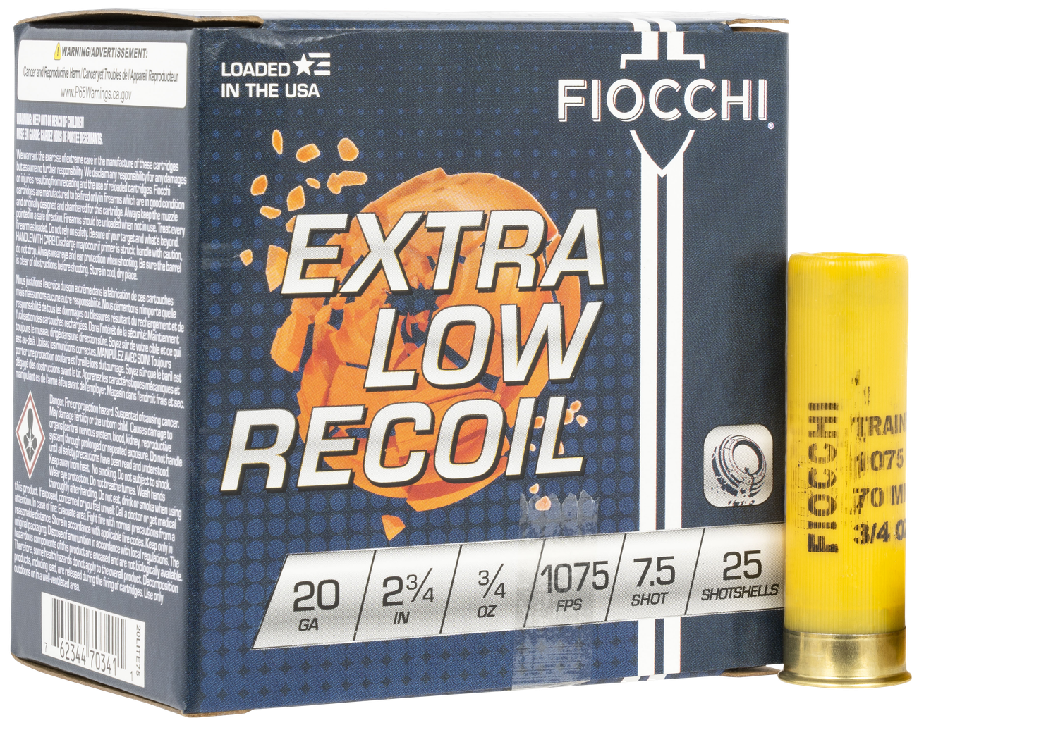 Fiocchi Low Recoil Trainer 20LITE75, 20 Gauge, 2-3/4", 3/4 oz, 1075 fps, #7.5 Lead Shot, 25 Rds/Bx