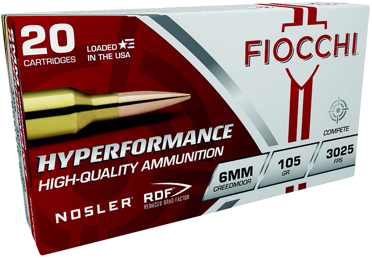 Fiocchi Hyperformance Rifle Ammunition 6CMRD, 6mm Creedmoor, Nosler Reduced Drag Factor, 105 gr, 3025 fps, 20 Rd/Bx