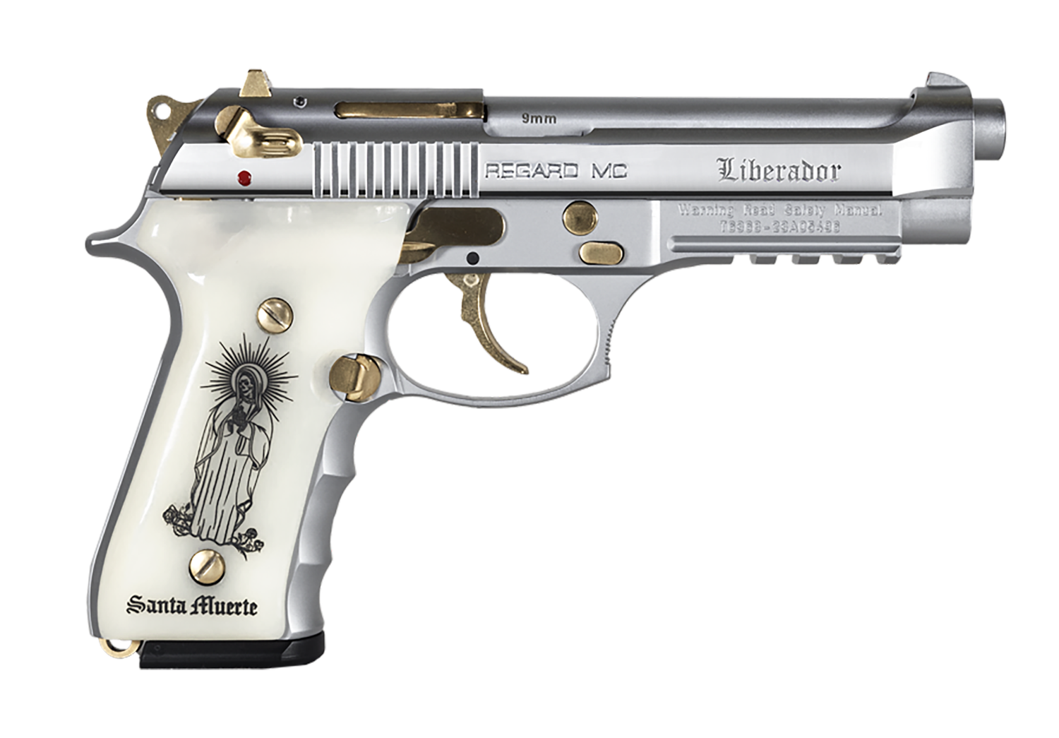 EAA Regard MC Liberador Pistol 391088, 9mm Luger, 4.90in, Pearl Engraved w/Santa Muerte, Chrome w/Gold Accents Finish, 18 Rds