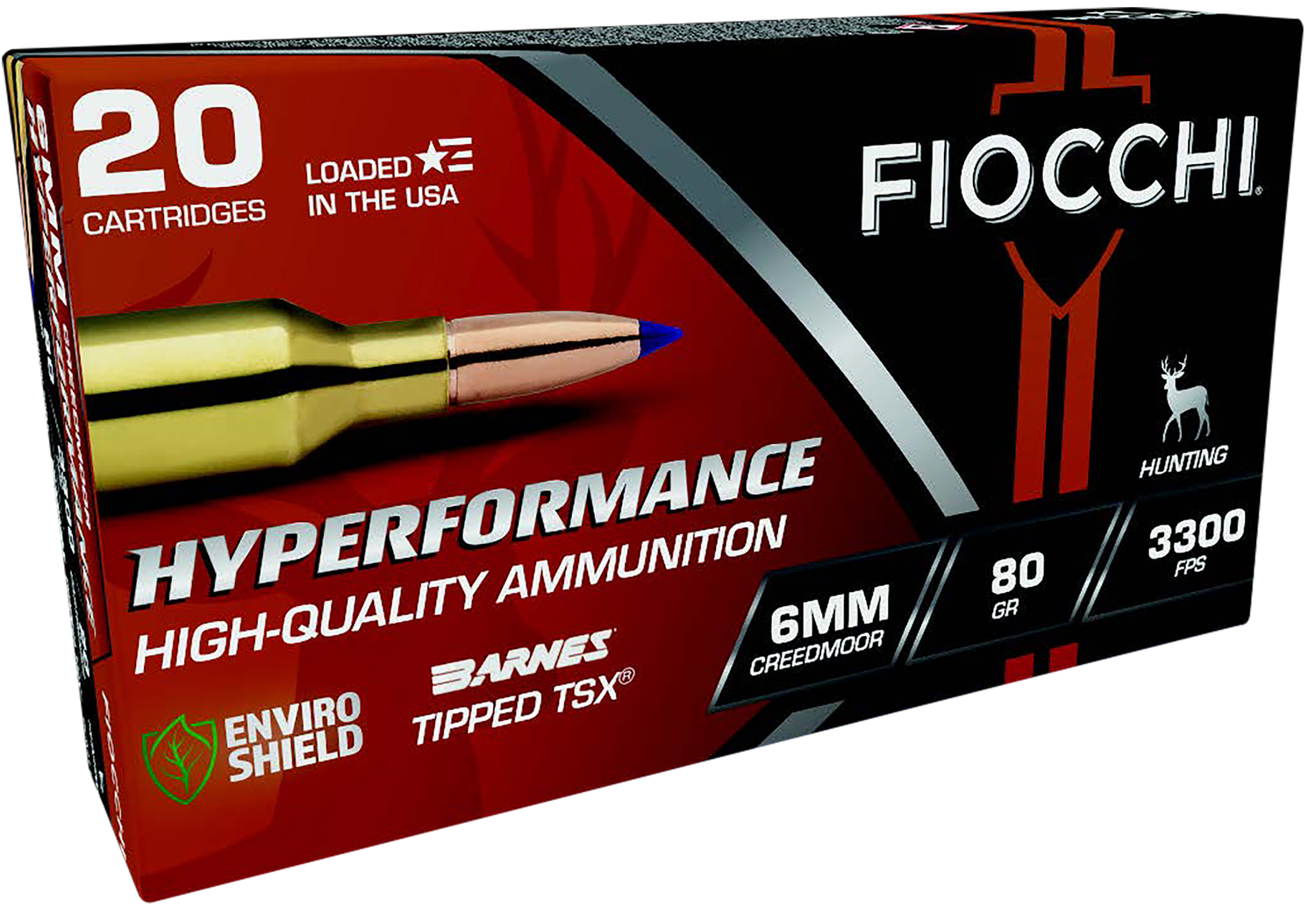 Fiocchi Hyperformance Rifle Ammunition 6CMTT, 6mm Creedmoor, Barnes Tipped TSX, 80 gr, 3300 fps, 20 Rd/Bx