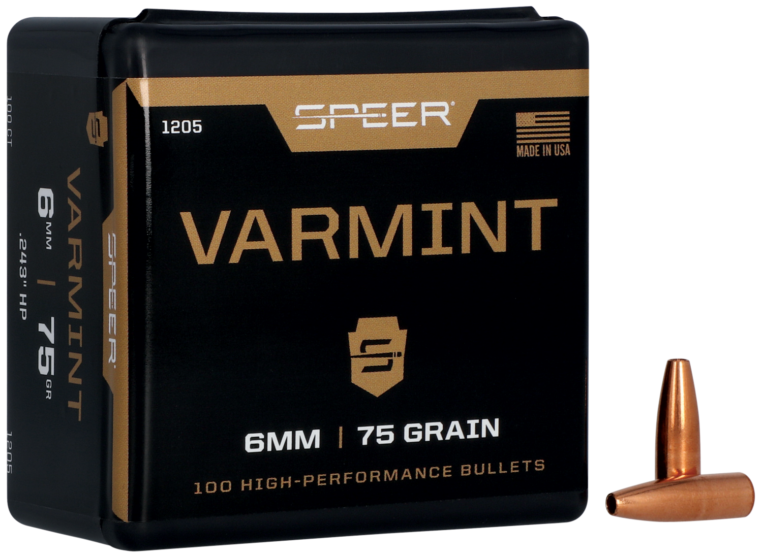 Speer 6MM/243 Caliber 75 Grain Hollow Point 100/Box (1205), Not Loaded