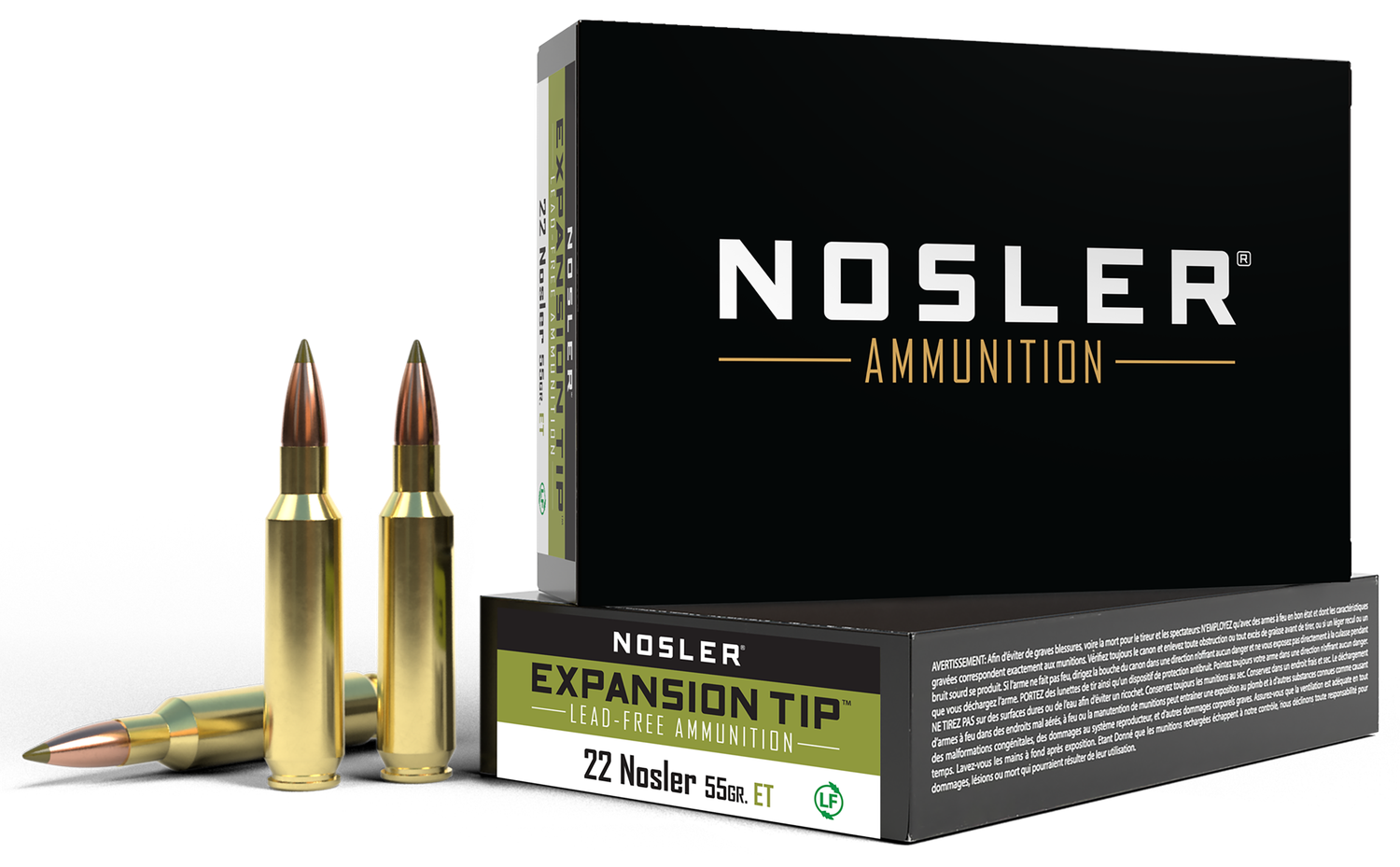 Nosler E-Tip Rifle Ammunition 40140, 22 Nosler, E-Tip Lead-Free, 55 gr, 3300 fps, 20 Rd/Bx
