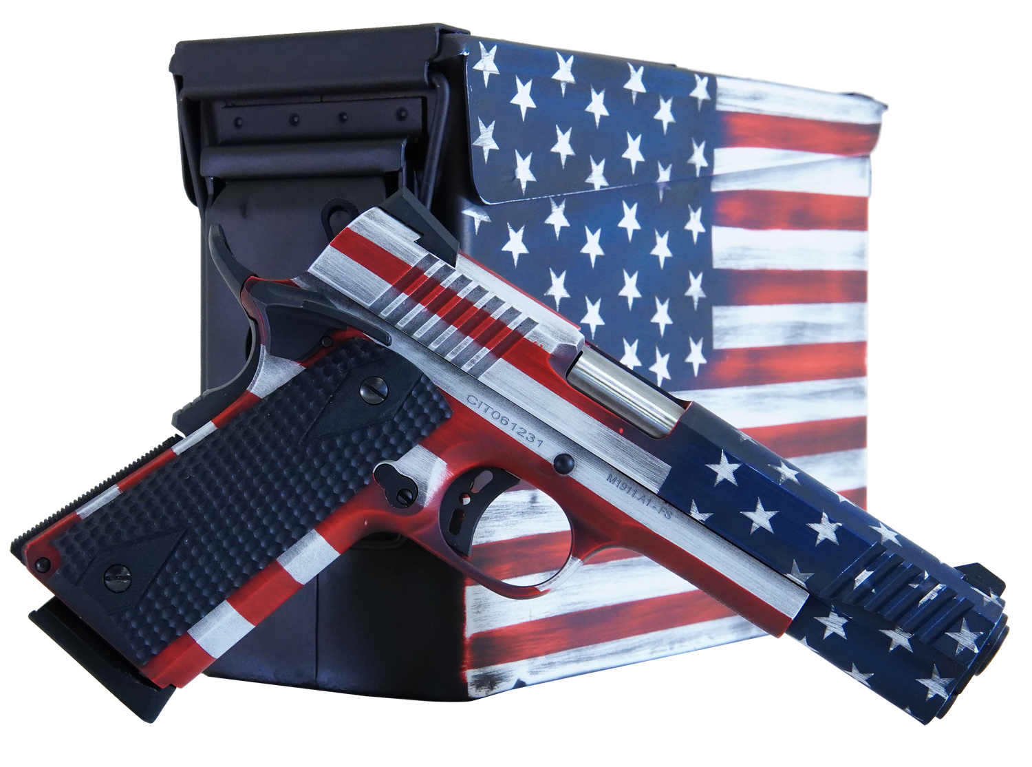 Citadel 1911-A1 Government SAO Pistol w/Ammo Can CITC45FUSAAC, 45 ACP, 5", American Flag, 8 Rds