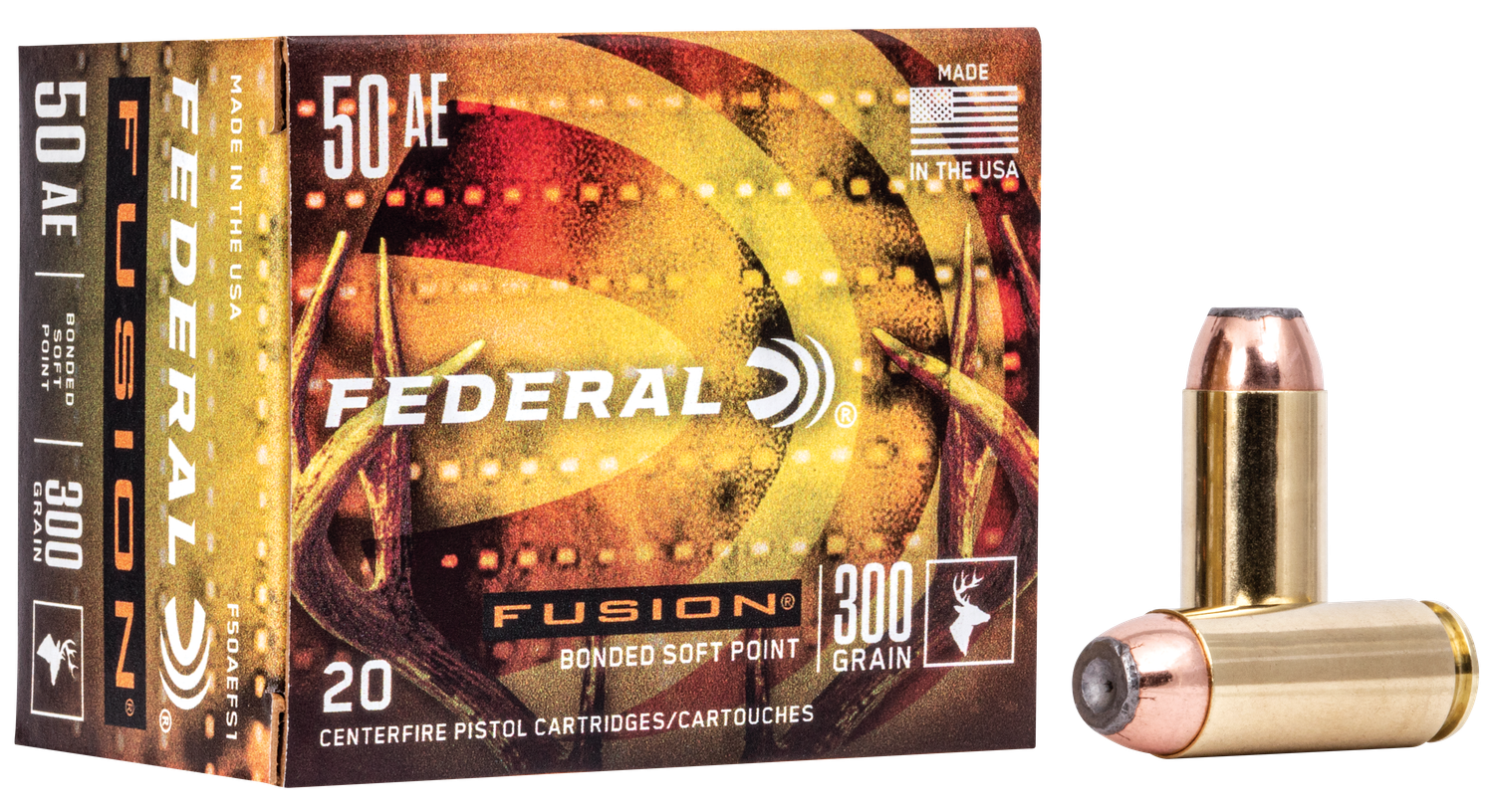Federal Fusion Pistol Ammunition F50AEFS1, 50 Action Express, Jacketed Hollow Point (HP), 300 GR, 20 Rd/bx