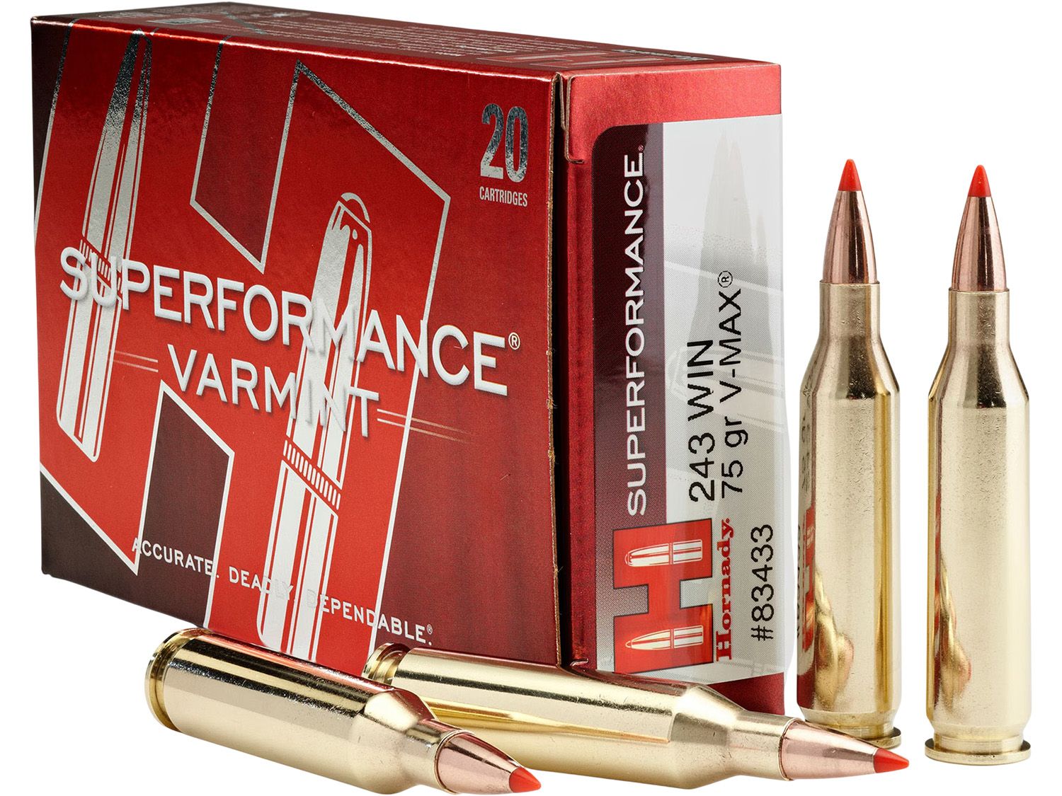 Hornady Superformance Varmint Rifle Ammunition 80411, 243 WSSM, V-Max, 75 GR, 3540 fps, 20 Rd/bx