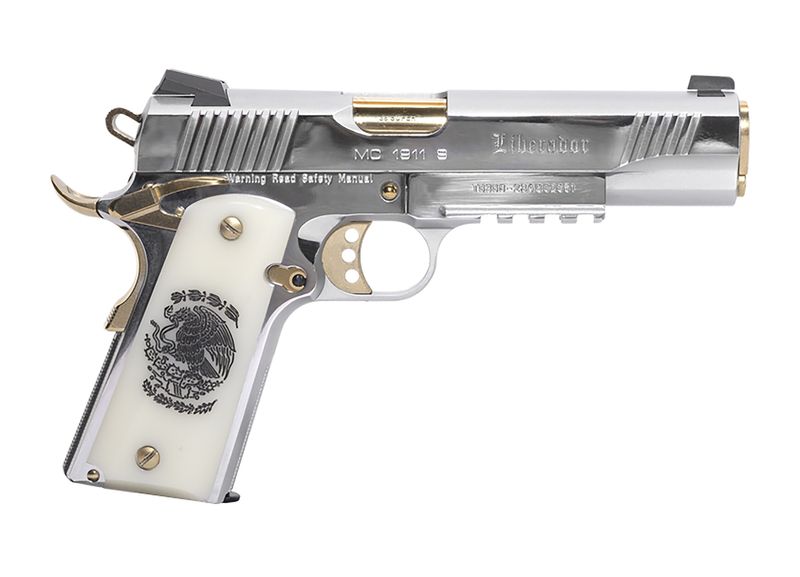 EAA MC1911 S Liberador II Pistol 391055, 38 Super, 5in, Pearl Engraved w/Mexican Coat Of Arms, Chrome w/Gold Accents Finish, 9 Rds