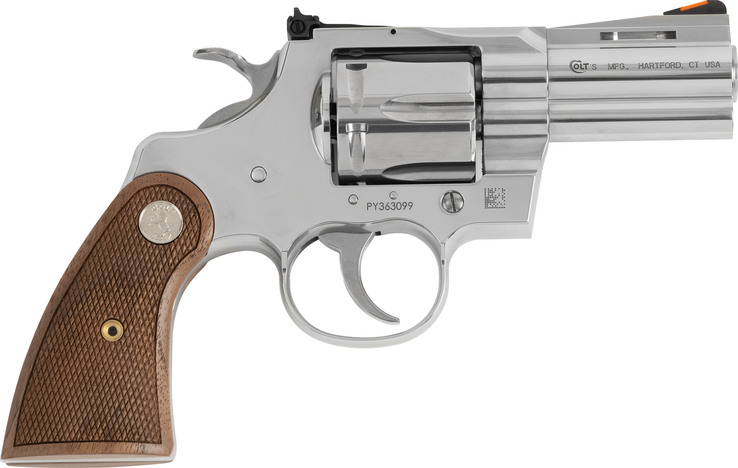 Colt Python Revolver PYTHON-SP2WCTS, 357 Magnum, 2.5", Walnut Grips, Stainless Steel Finish, 6 Rds