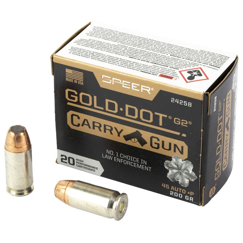 Speer Gold Dot Ammunition 24258, 45 ACP, Hollow Point (HP), 200 gr, 20 Rd/Bx