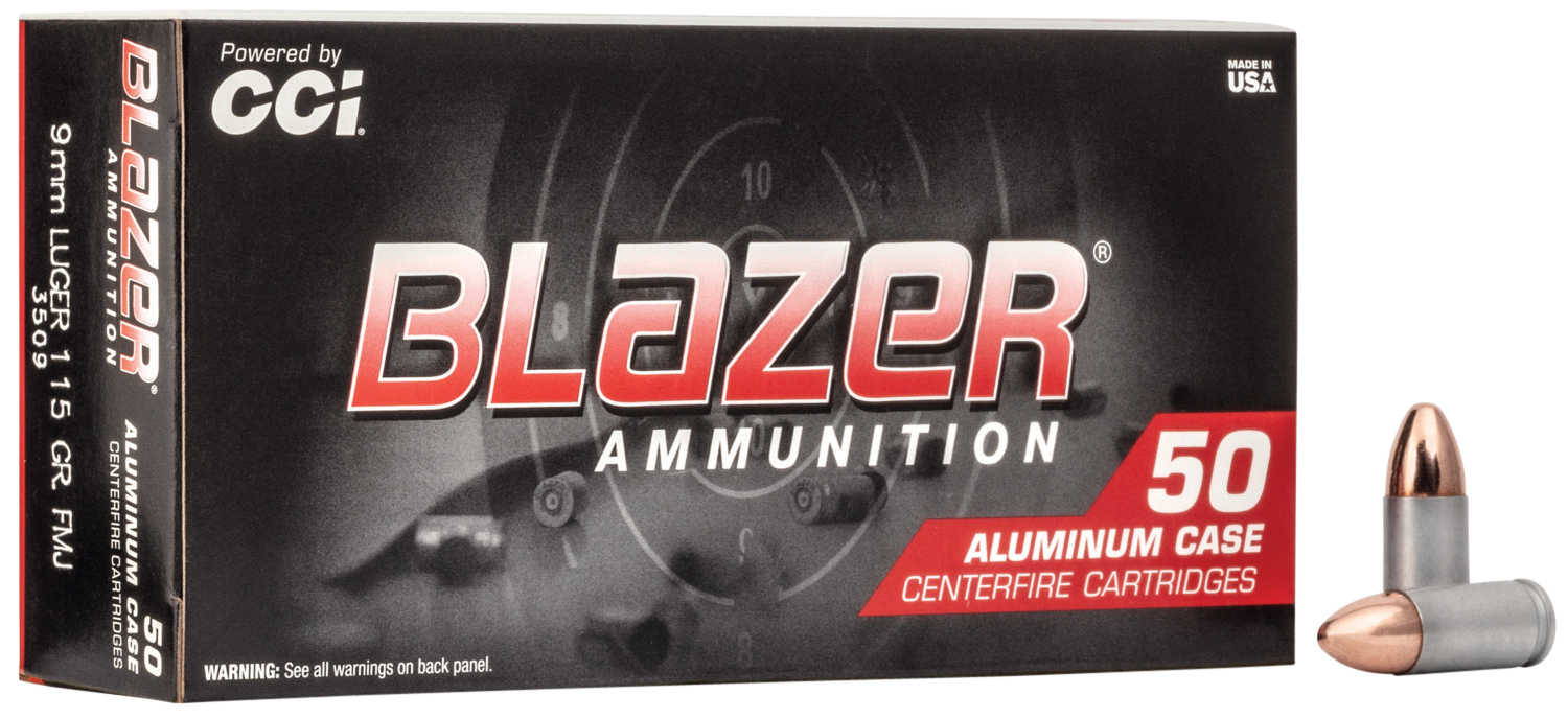 CCI Blazer Handgun Ammunition 3509, 9mm, Full Metal Jacket (FMJ), 115 GR, 1145 fps, 50 Rd/bx