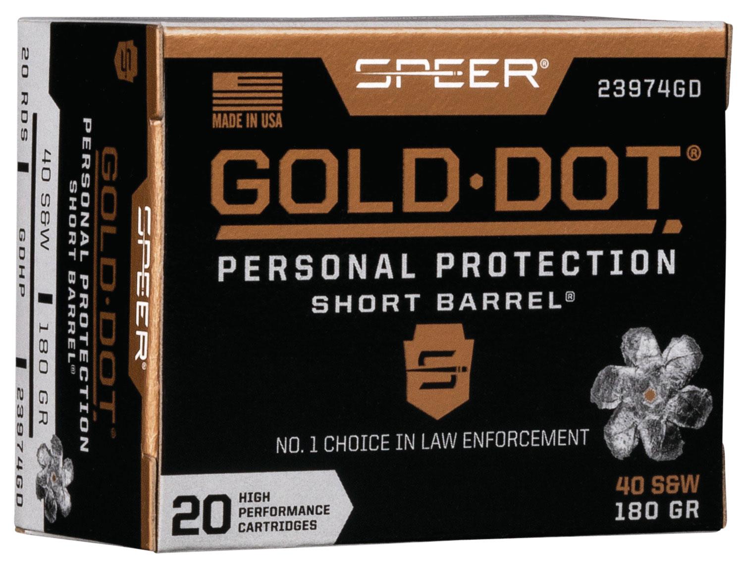 Speer Gold Dot Short Barrel Personal Protection Handgun Ammunition 23974GD, 40 S&W, Gold Dot HP, 180 GR, 950 fps, 20 Rd/bx