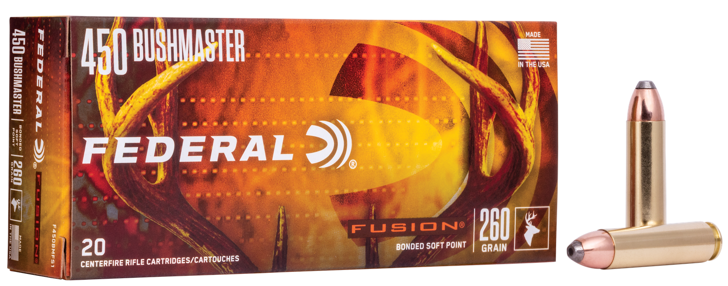 Federal Fusion Rifle Ammunition F450BMFS1, 450 Bushmaster, Fusion Soft Point, 260 gr, 1900 fps, 20 Rd/Bx