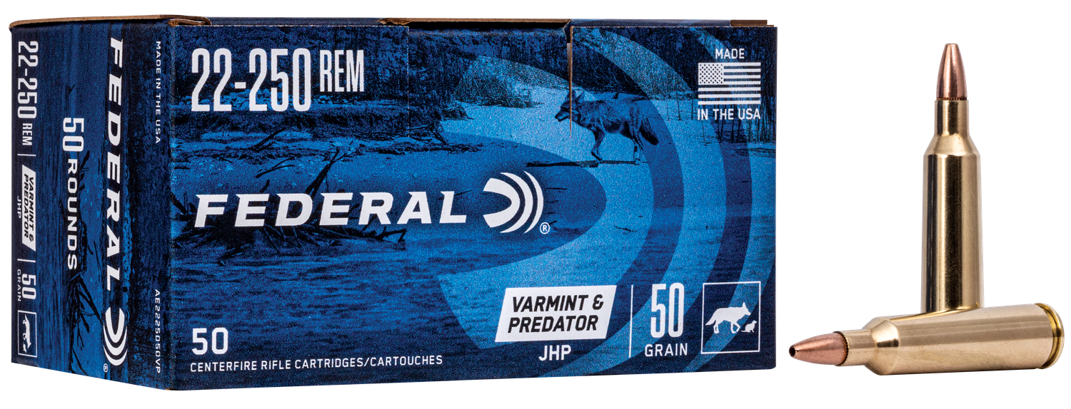 Federal American Eagle Varmint & Predator Rifle Ammunition AE22250VP, 22-250 Remington, JHP, 50 GR, 3850 fps, 50 Rd/Bx