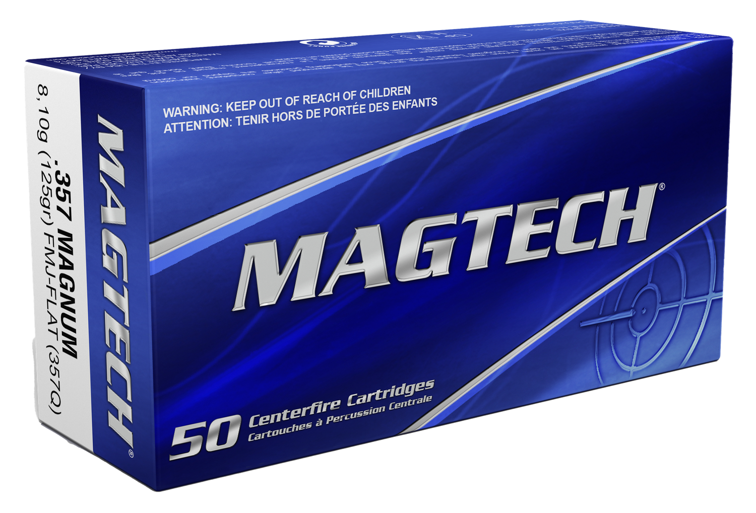 Magtech Sport HuntingPistol Ammunition 357Q, 357 Magnum, Full Metal Jacket Flat Point, 125 GR, 1405 fps, 50 Rd/bx