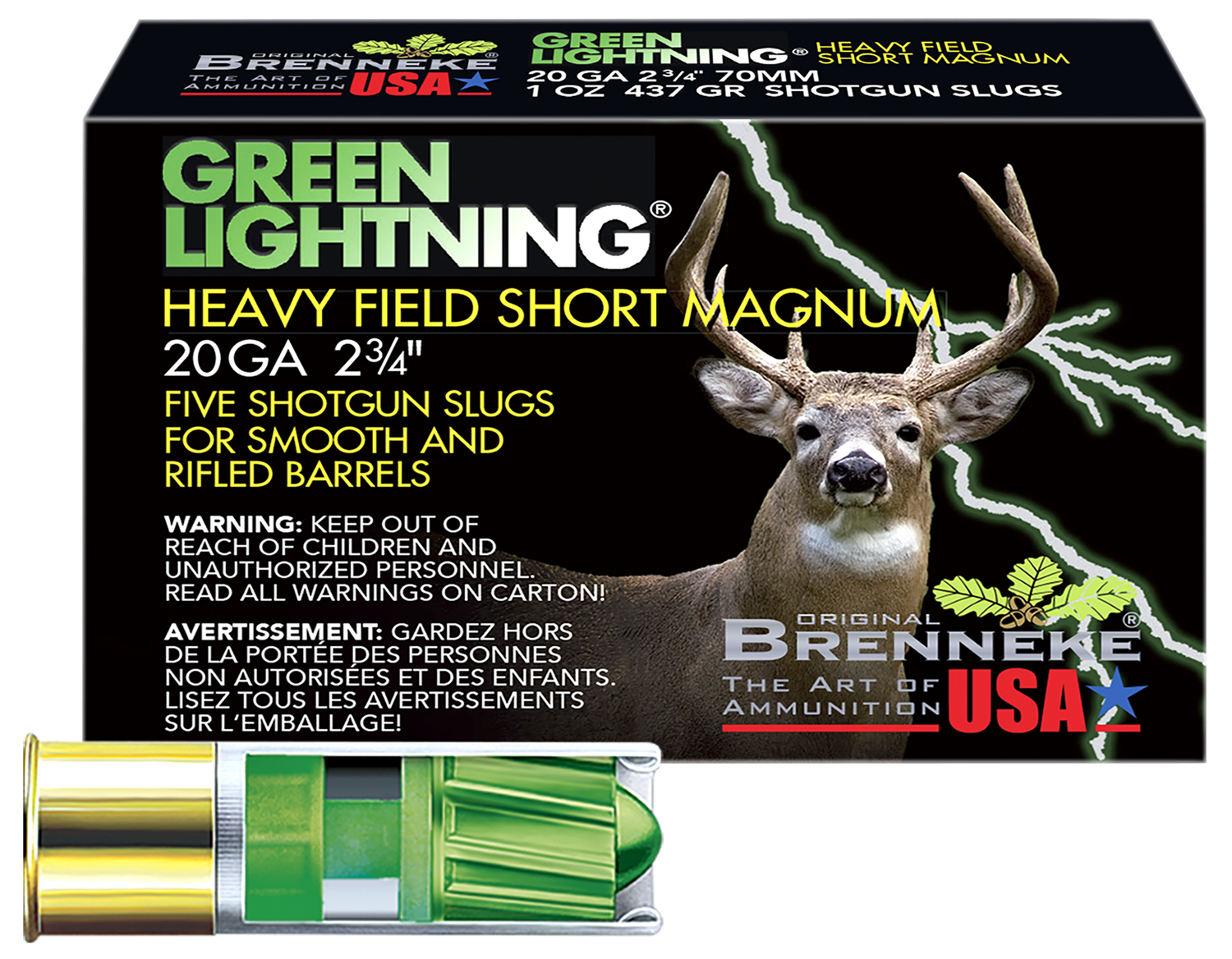 Brenneke Green Lightning Heavy Field Short Mag Shotshells SL202HFSGL, 20 Gauge, 2-3/4", 1 oz, 1392 fps, Slug, 5 Rds/box