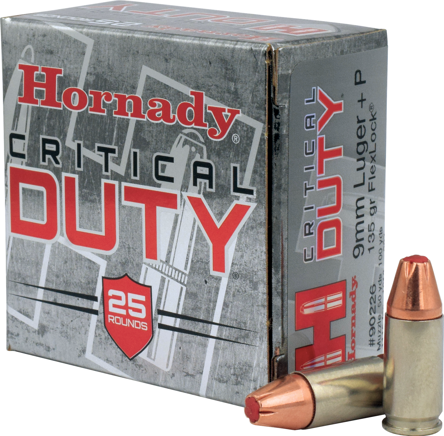 Hornady Critical Duty Pistol Ammunition 90226, 9mm +P, FlexLock, 135 GR, 1110 fps, 25 Rd/bx