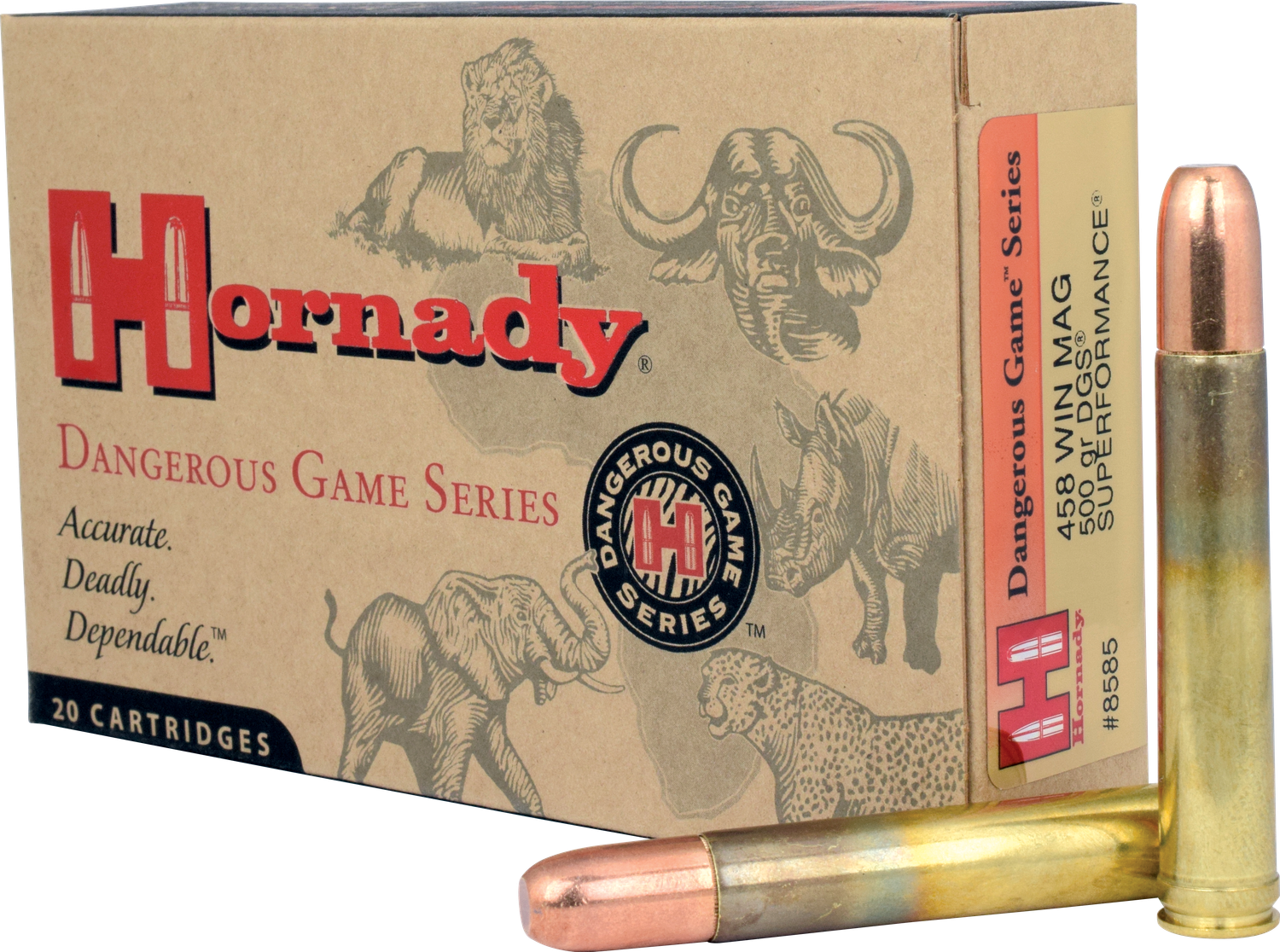 Hornady Rifle Ammunition 8585, 458 Winchester Mag, Full Metal Jacket (FMJ), 500 GR, 2260 fps, 20 Rd/bx