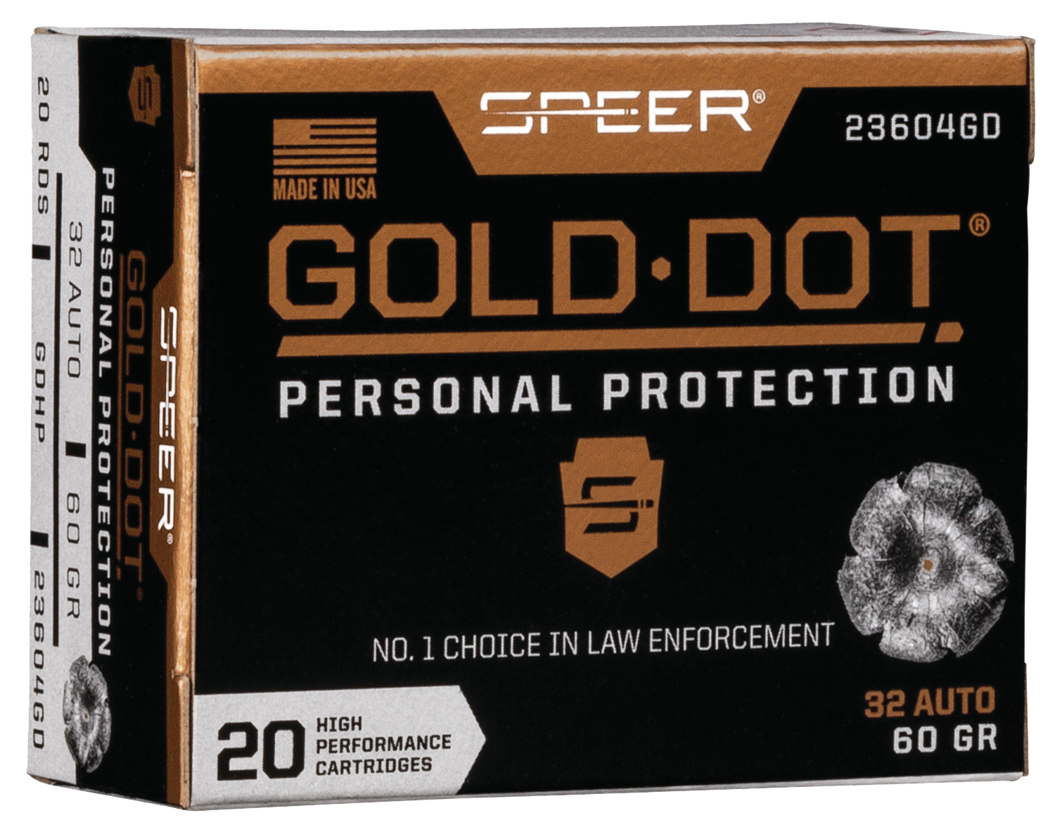 Speer Gold Dot Personal Protection Handgun Ammunition 23604GD, 32 ACP, Gold Dot HP, 60 GR, 960 fps, 20 Rd/bx