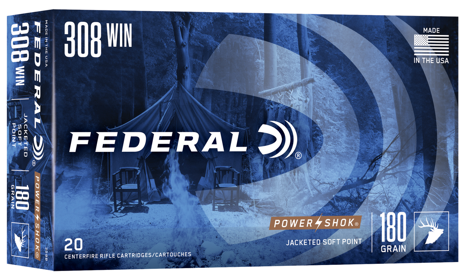 Federal Premium Power Shok Rifle Ammunition 308B, 308 Winchester, Soft Point (SP), 180 GR, 2620 fps, 20 Rd/bx