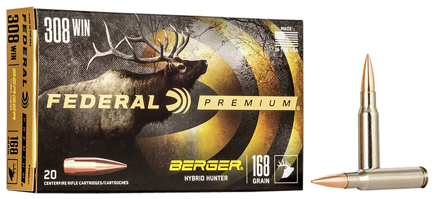 Federal Premium Berger Hybrid Rifle Ammunition P308BCH1, 308 Winchester, Berger Hybrid, 168 GR, 2700 fps, 20 Rds/Bx