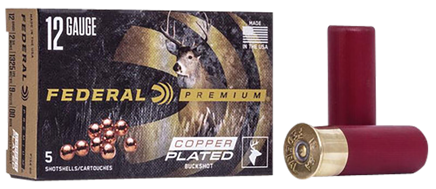 Federal Premium Vital-Shok P154, 12 Gauge, 2-3/4", 9 Pellets, 1325 fps, #00 Copper Plated Lead Buckshot, 5 Rd/bx