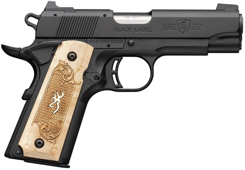Browning 1911-22 Black Label Medallion Pistol 051068490, 22 LR, 3.63in, Maple Medallion Grips, Matte Black Finish, 10 Rds
