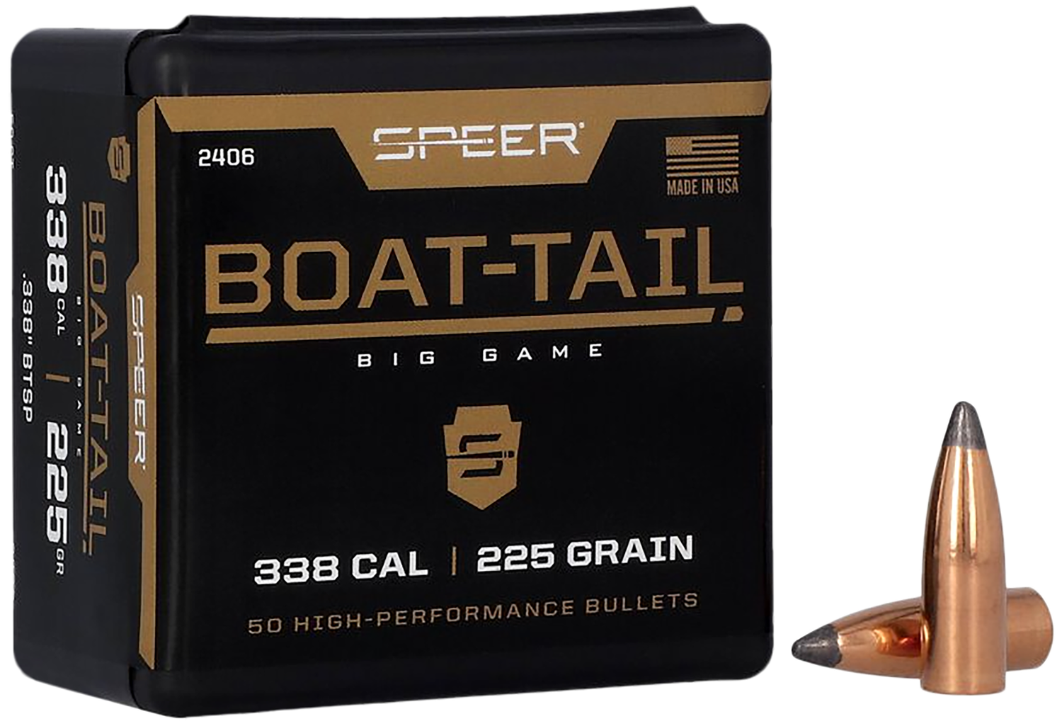 Speer 338 Caliber 225 Grain Spitzer/ Boat Tail 50/Box (2406), Not Loaded