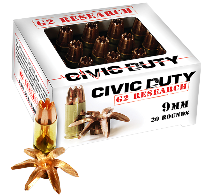 G2 Research Civic Duty Handgun Ammunition G2CD9MM, 9mm, CD Hollow Point, 100 GR, 1230 fps, 20 Rd/bx