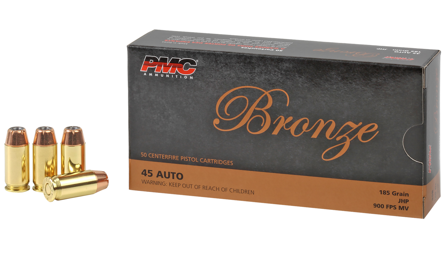 PMC Bronze Line Pistol Ammunition 45B, 45 ACP, Jacketed Hollow Point (JHP), 185 GR, 900 fps, 50 Rd/bx