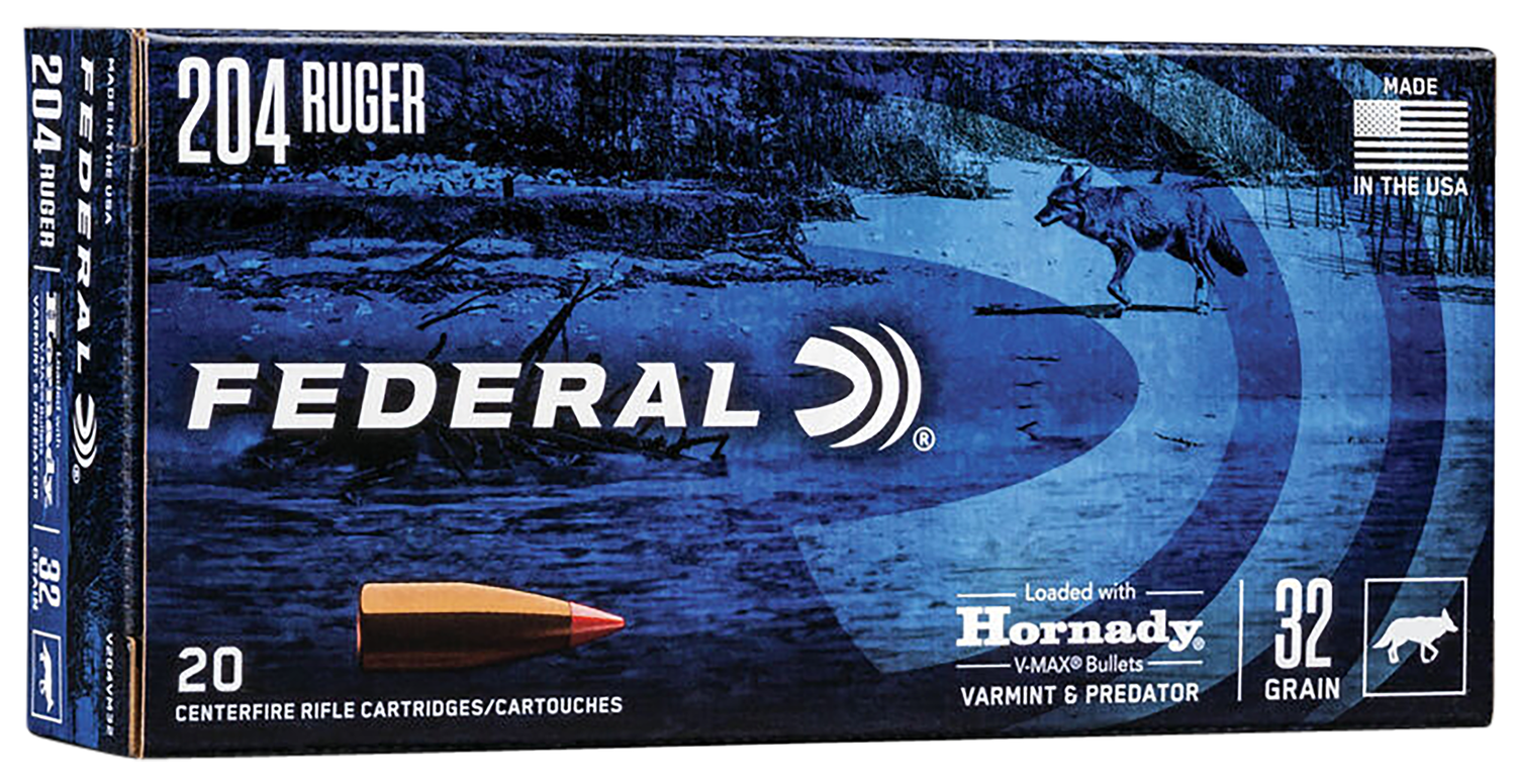 Federal Varmint & Predator Rifle Ammunition V204VM32, 204 Ruger, V-Max, 32 GR, 4100 fps, 20 Rd/bx