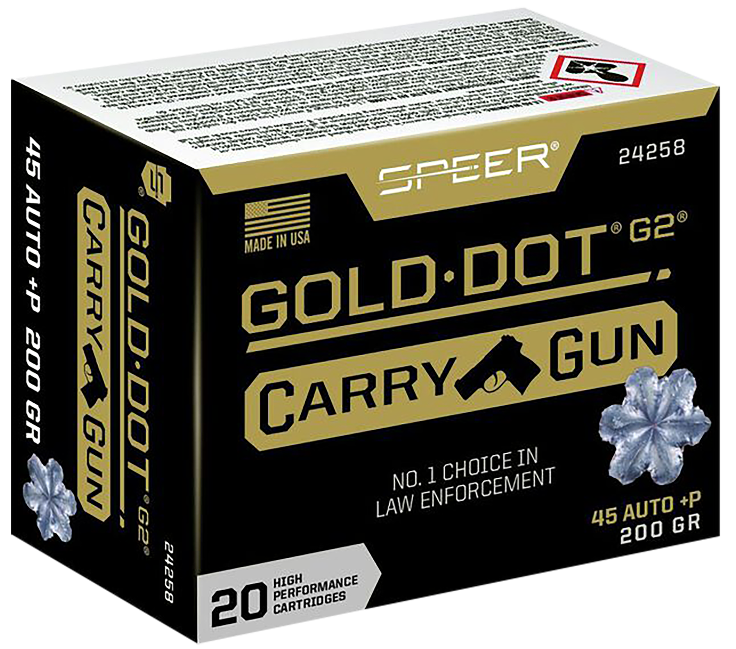 Speer Gold Dot Ammunition 24258, 45 ACP, Hollow Point (HP), 200 gr, 20 Rd/Bx