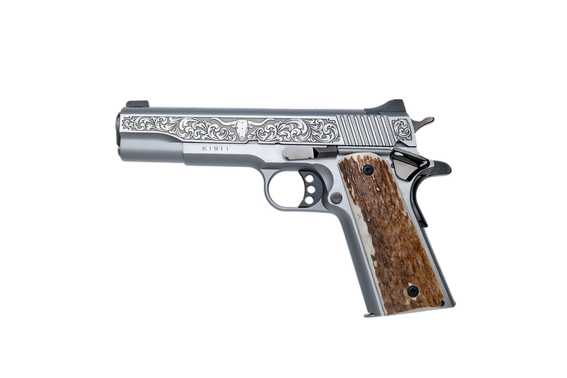 Custom & Collectible Kimber 1911 Cattleman, CNCCATTLEMAN, 45 ACP, 5", Genuine Stag Grips, Stainless Finish Engraved, 7 Rds