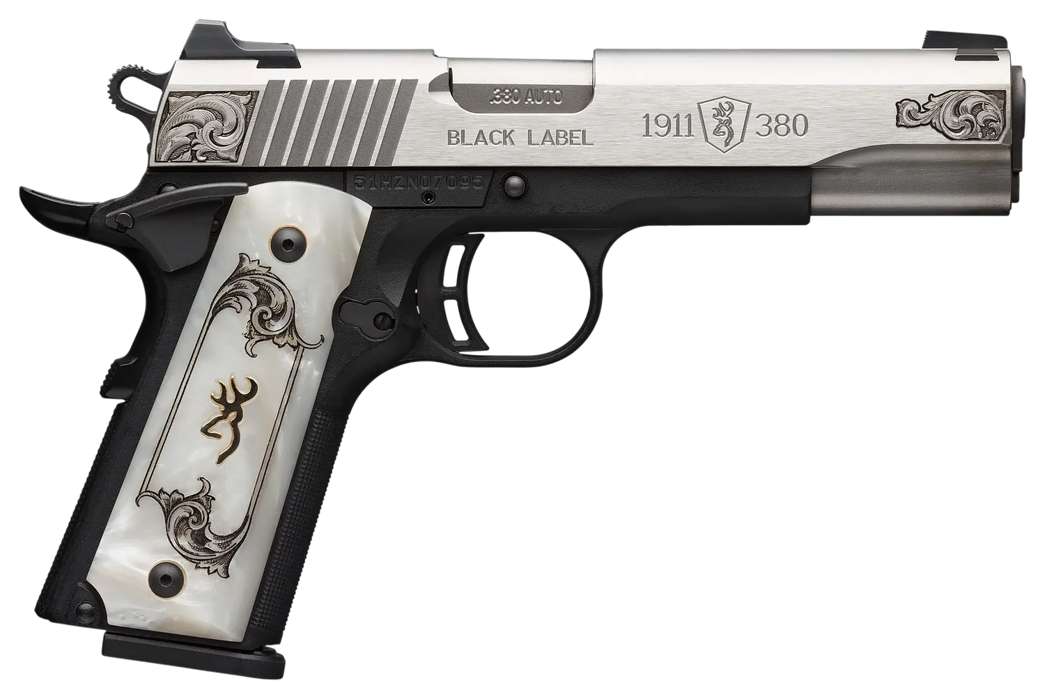 Browning Arms 1911 Black Label Medallion Pistol 051966492, 380 ACP, 4.25", White Pearl Grips, Engraved Stainless Finish, 10 Rds